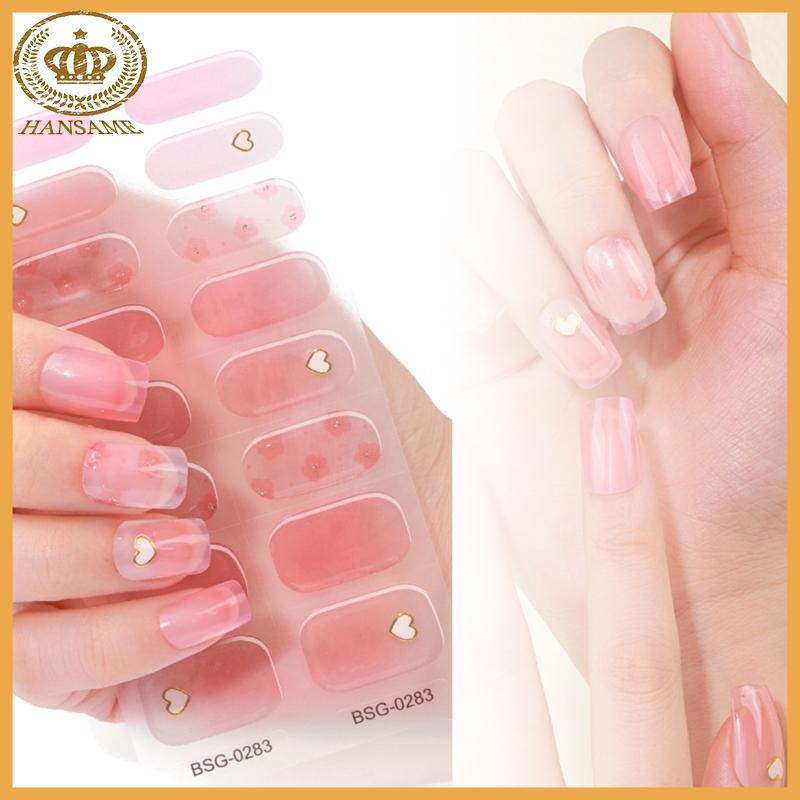HAN 16 ชิ้น Semi Cured Gel Strips กาว Full Wrap Gel Nail Art สติกเกอร์