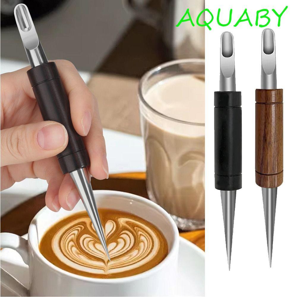 AQUABY ปากกาศิลปะลาเต้,ปลายสแตนเลสด้ามไม้เข็มกาแฟ,ทนทานสบาย Grip แบบพกพาพร้อมกล่องเก็บ Latte Art Practice ปากกากาแฟแกะสลักดอกไม้
