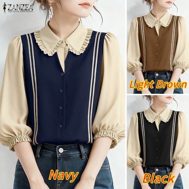 ZANZEA ชุดกระโปรงสไตล์เกาหลีสำหรับผู้หญิง ดีไซน์ตุ๊กตา แขนสั้น มีระบายและขอบข้อมือตัดกัน - รูปที่ 2