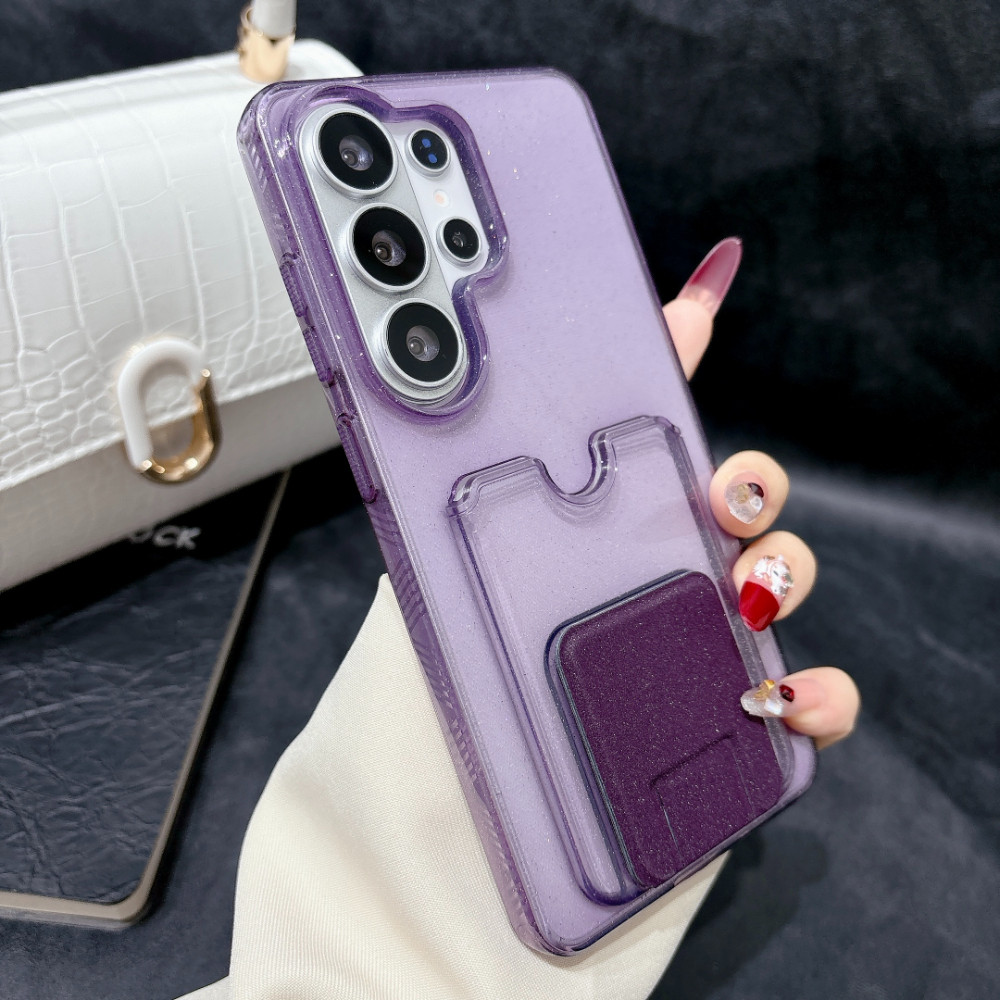 Glitter พร้อมช่องใส่การ์ดและวงเล็บพับเคสโทรศัพท์สําหรับ Samsung Galaxy S26 S25 S24 S23 Plus Ultra โปร่งใสสีสัน Anti-Fall ลื่นแฟชั่น Shining ปลอก