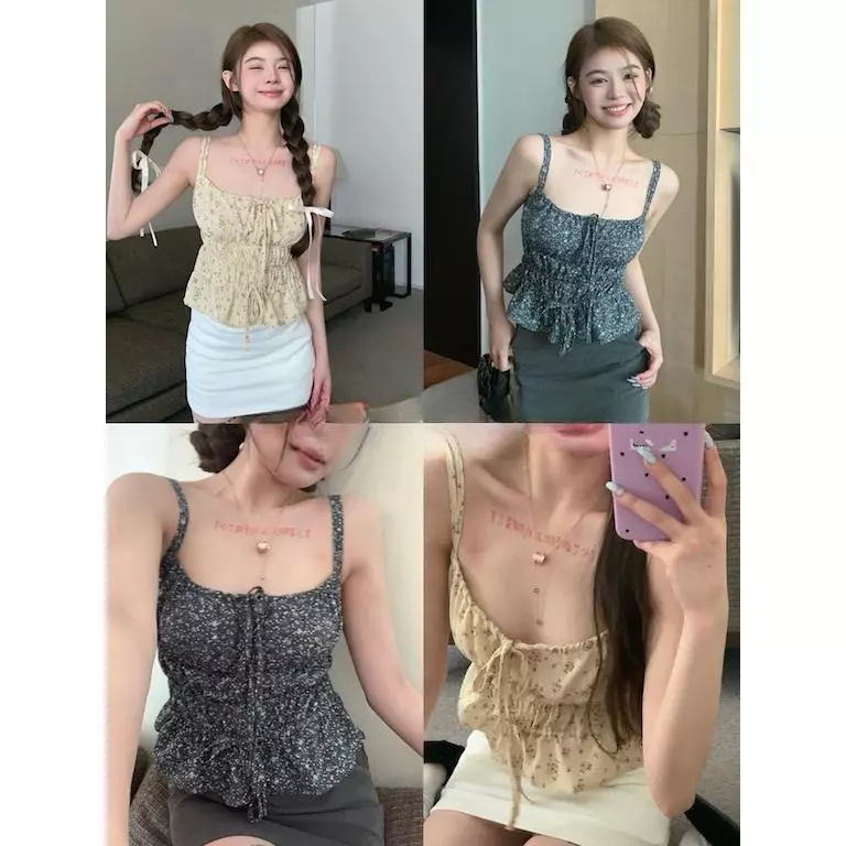 เสื้อสายเดี่ยวผ้าลูกไม้ ทรงมินิ มีระบายที่ชายเสื้อและเชือกผูกด้านหน้า ลวดลายลูกไม้