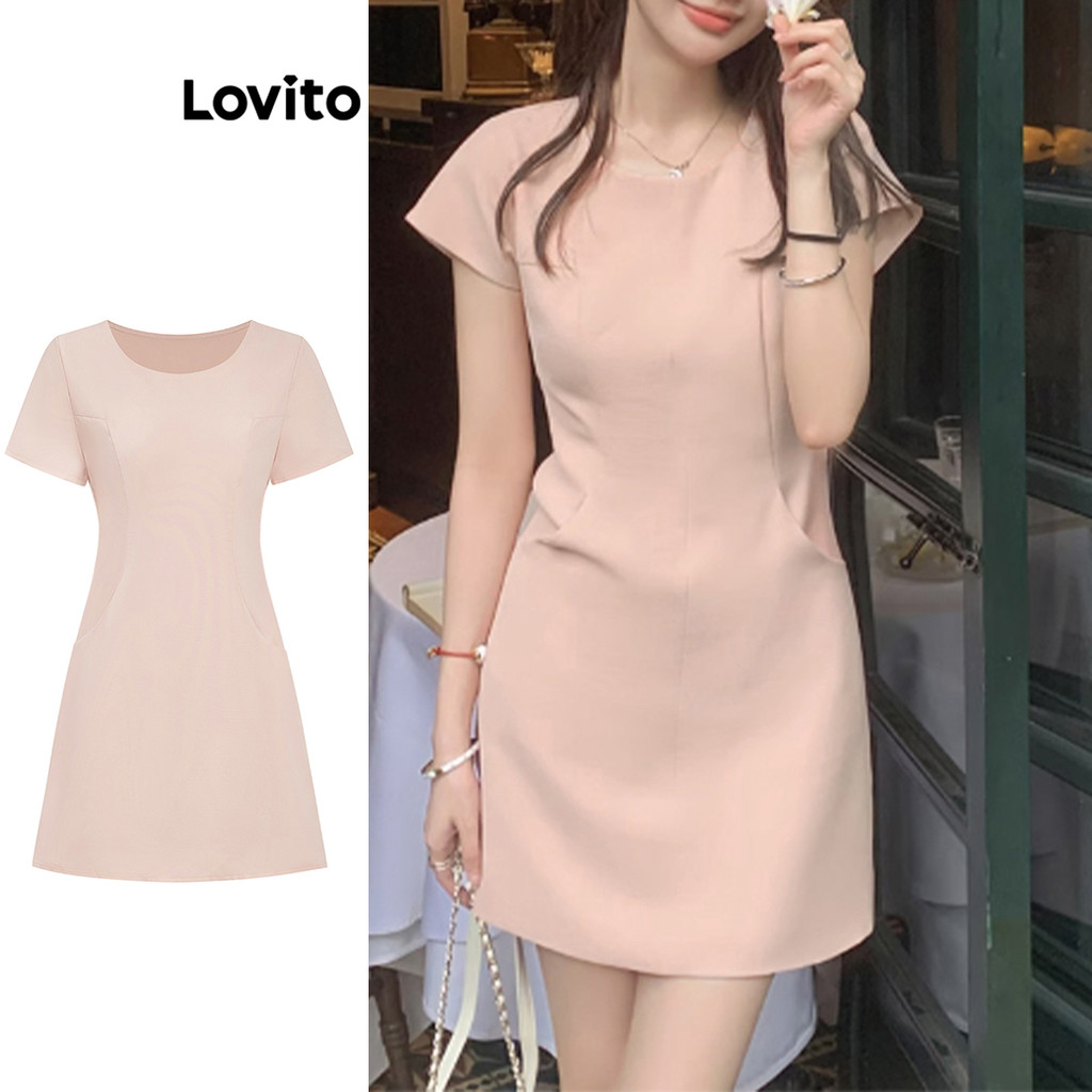 Lovito ชุดเดรสหรูหรา ชุดเดรสกระเป๋าสีพื้นสําหรับผู้หญิง L99ED277