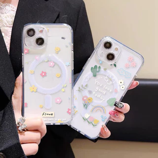 สำหรับ iPhone 17 PRO MAX เคส iPhone 11 เสริมสร้างแม่เหล็กอะคริลิคใสกระดานแข็ง TPU กรอบนุ่มกันกระแทก ดอกไม้ iP14 13 12 15