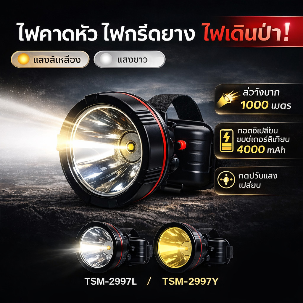 ไฟฉายคาดหัว TSM-2997 ไฟแรง ส่องไกล 1000 เมตร แบตลิเธียม 4000mAh