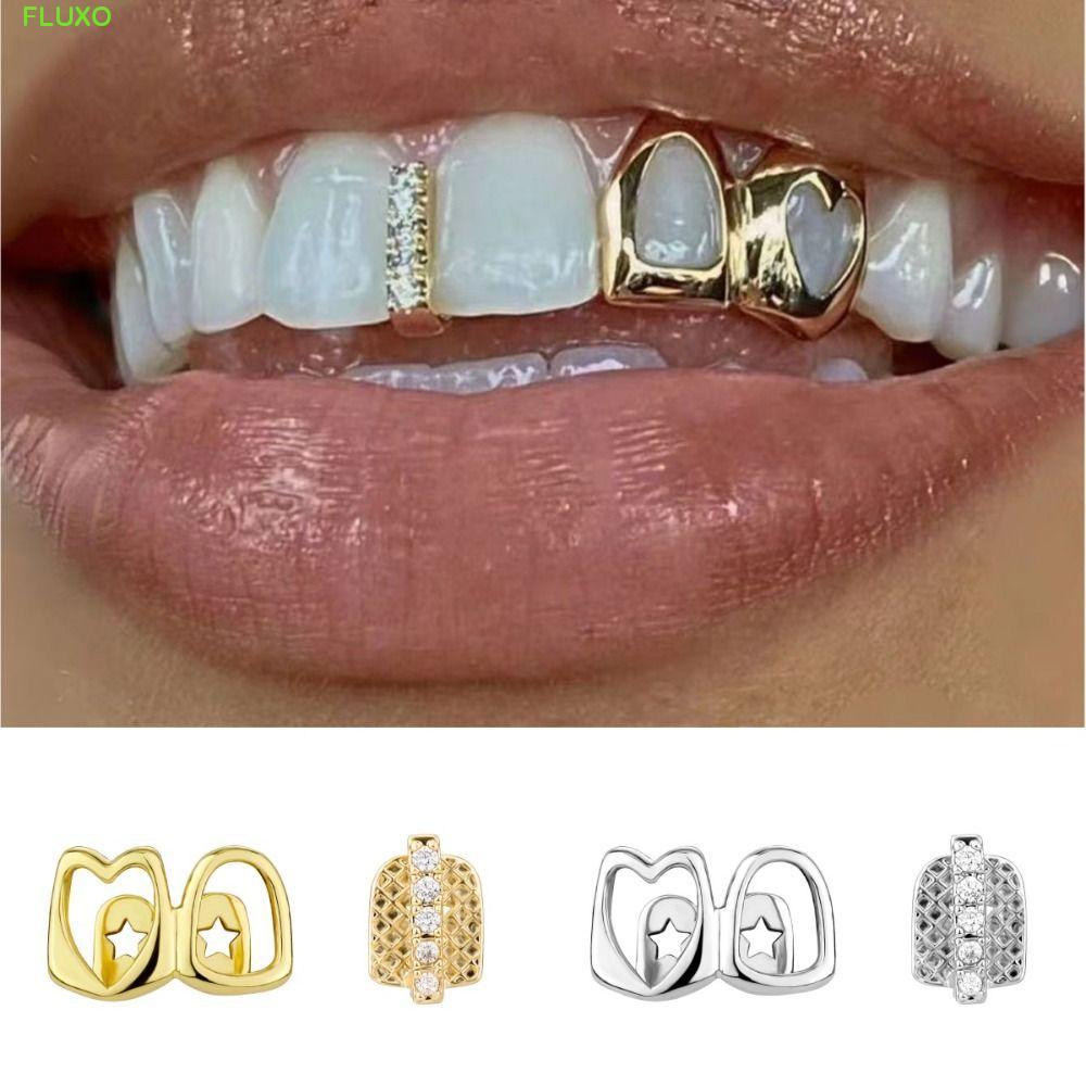FLUXO Grillz ลายหัวใจโปร่งแสง, เครื่องประดับฟันสไตล์Hip-Hop เพชรสังเคราะห์, ของขวัญทันตกรรมแบบแฟชั่น