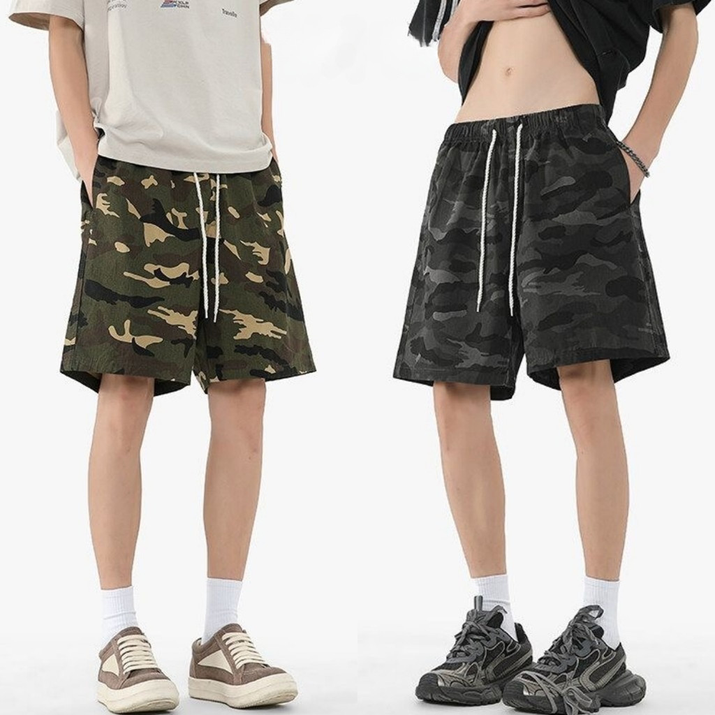 Chaistyle กางเกงขาสั้นลายพราง กางเกงขาสั้นผู้ชาย สไตล์อเมริกัน Hip-Hop เอวยางยืด ระบายอากาศได้ดีใส่สบาย