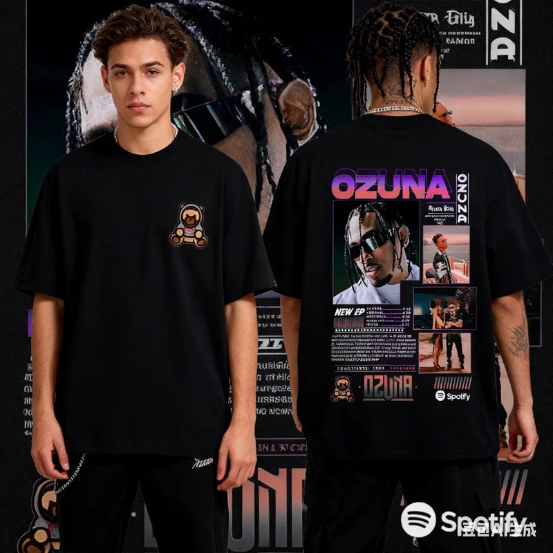 เสื้อยืดพิมพ์ลายสองด้านของแร็ปเปอร์ Ozuna และ Anuel AA สำหรับผู้ชายและผู้หญิง สไตล์ฮิปฮอป แฟชั่นสุดล