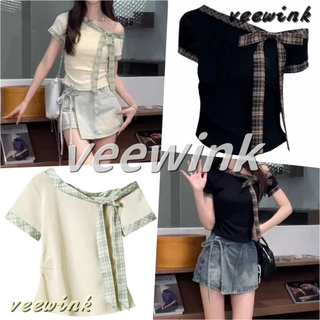 Veewink เสื้อยืดลายทางผูกเชือก โบว์น่ารัก แขนสั้น ทรงเข้ารูป ลดน้ำหนัก สไตล์หวาน สุภาพ ดีไซน์เก๋!