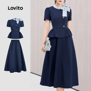 Lovito  เสื้อผู้หญิงสีกรมท่า ดีไซน์เก๋ ชายระบายไม่เท่ากันสํา…