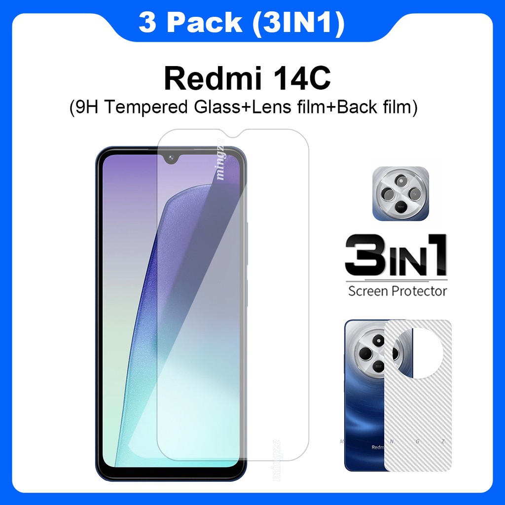 3in1 สําหรับ Redmi 14C ฟิล์มกระจกนิรภัยสําหรับ Redmi 14C ป้องกันหน้าจอ + เลนส์ฟิล์ม + ฟิล์มด้านหลัง 