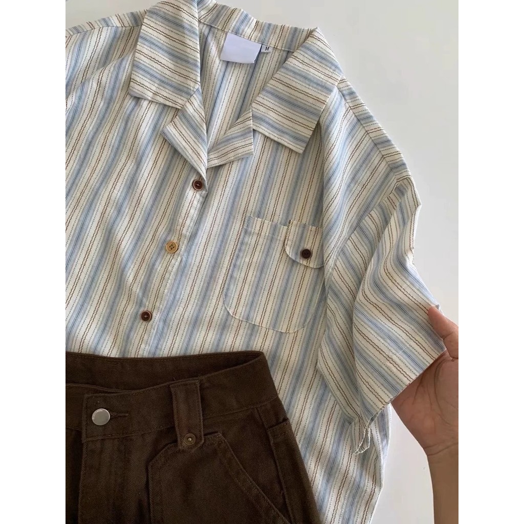 Cuties W437  เสื้อเชิ้ตลายทางผู้หญิง สไตล์อเมริกัน แนววินเทจ ยอดนิยม คนส่วนน้อย สไตล์ญี่ปุ่น ลำลองแมทช์ลุคง่าย