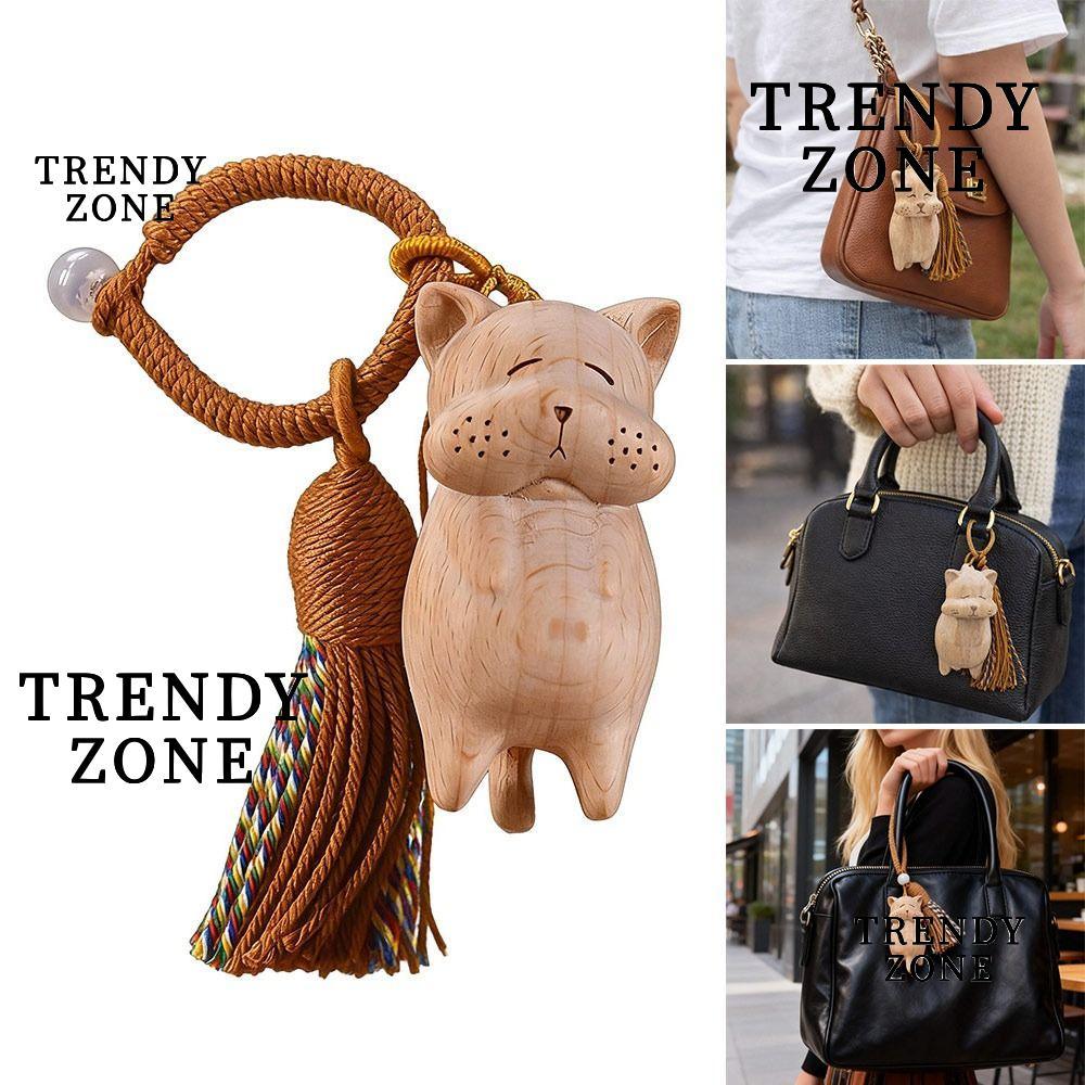 เทรนด์YZONE จี้แมวน่ารัก พวงกุญแจแมวแบบกระเป๋าลายไม้