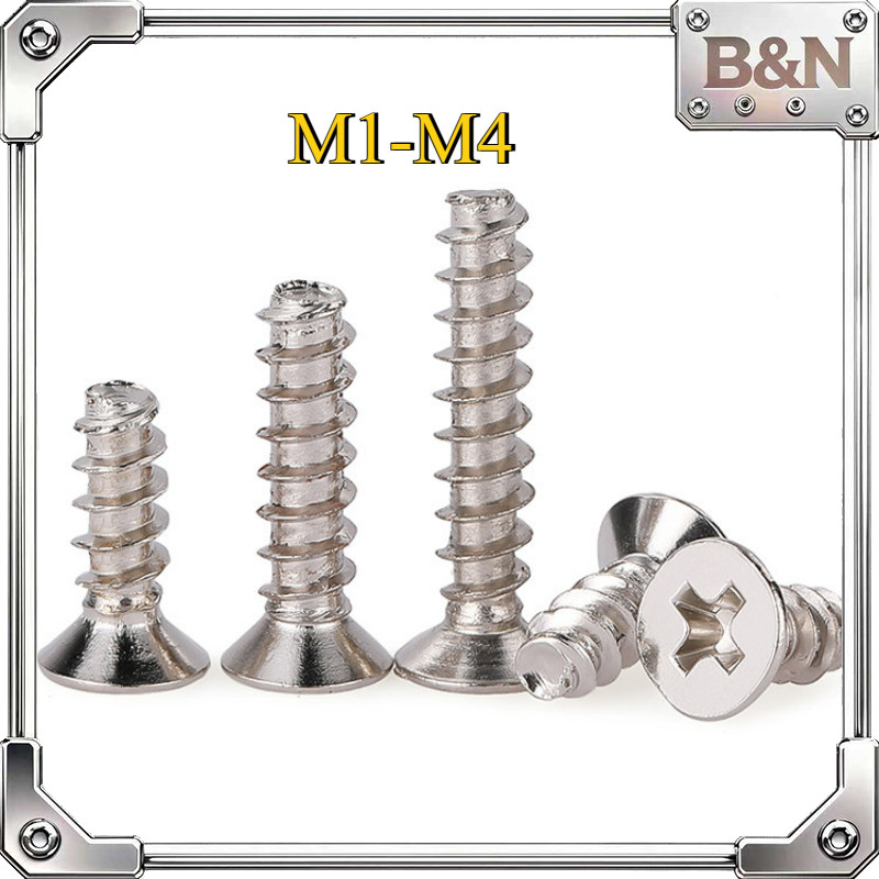KB cross countersunk หัวแบนหางสกรูแตะตัวเองหัวแบนชุบนิกเกิล M1/M1.2/M1.4/M1.7/M2/M2.3/M2.6/M3/M3.5/M