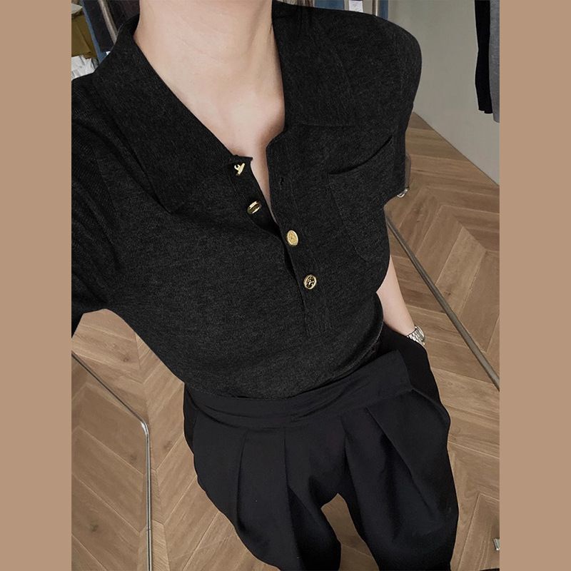 [F-store] เสื้อถักฤดูร้อน French Grey High-End Feeling Temperament Short-Sleeved Official Shoulder p