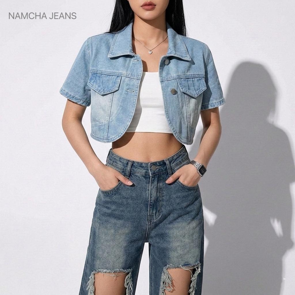 NAMCHA เสื้อยีนส์แขนสั้น เสื้อคลุมยีนส์ สีอ่อน ผู้หญิง #NA-3002