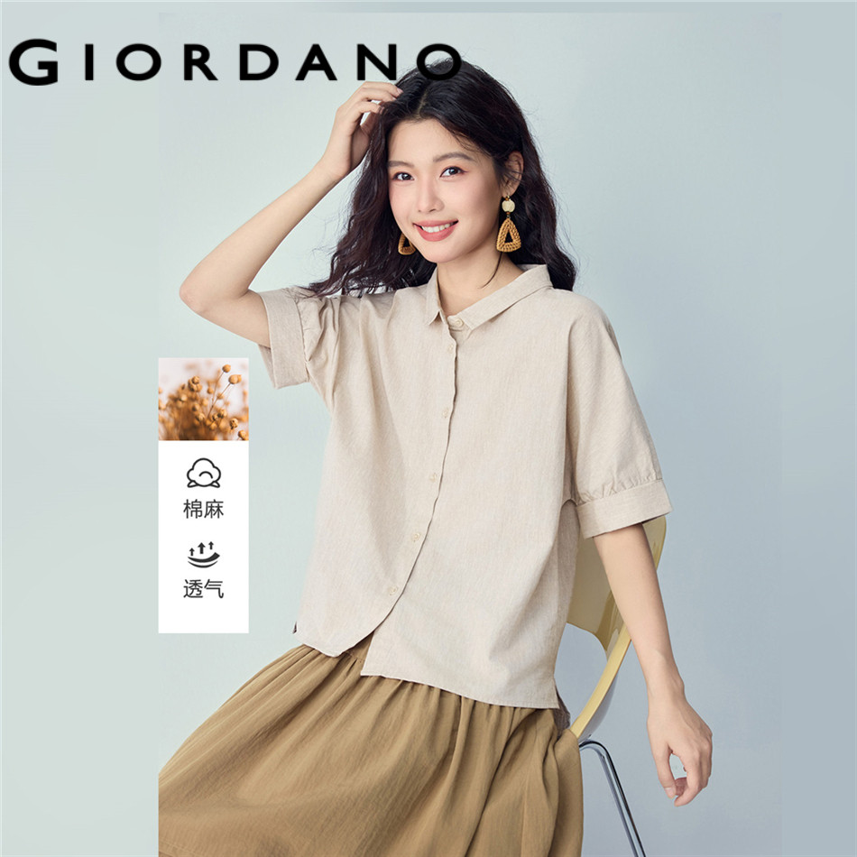 GIORDANO WOMEN Cotton linen small collar short sleeve shirt 13346237