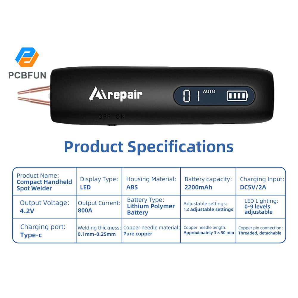Pcbfun เครื่องเชื่อมจุดแบตเตอรี่ขนาดเล็กแบบพกพาพร้อมการตั้งค่า 12 ระดับและปรับได้ 9 ไฟ LED DIY 18650 Li-ion เครื่องเชื่อมแบตเตอรี่