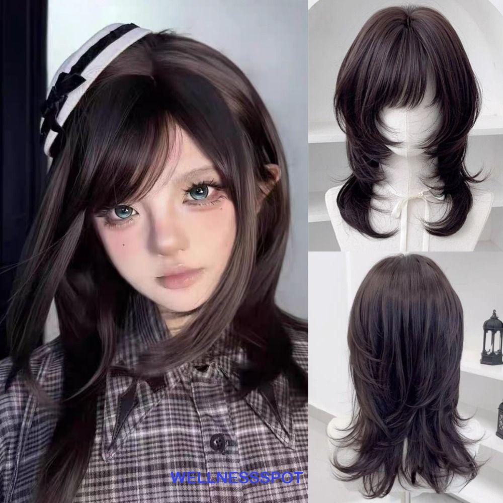 วิกผมทรงแมงกะพรุนเรียบ WELLNESSSPOT สังเคราะห์สีน้ำตาลดำ ทรง.Layered วิกผมเต็มศีรษะทรงWolf Cut สำหรั