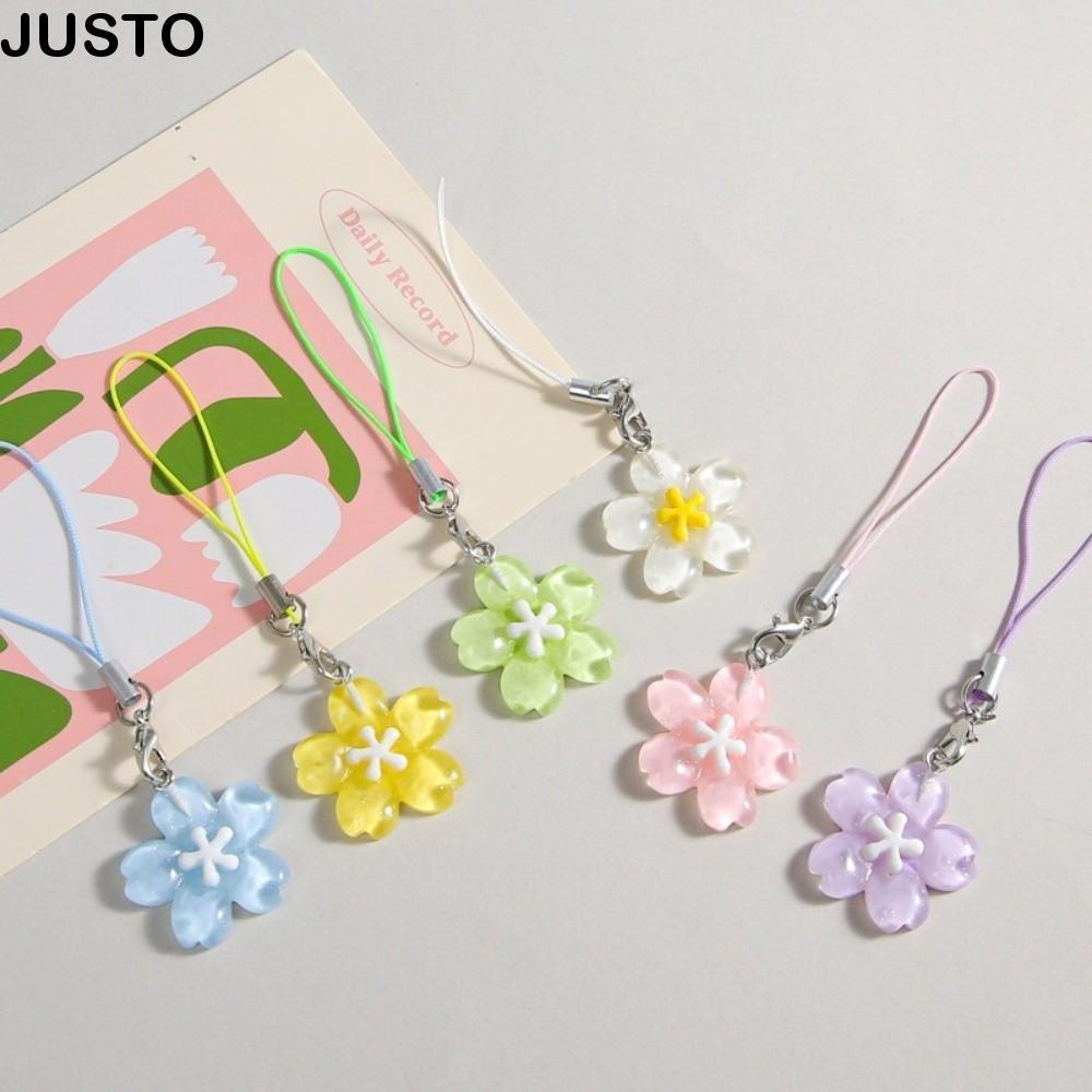 JUSTO Cherry Blossom พวงกุญแจ, เชือกเส้นเล็กโทรศัพท์มือถือ INS สีสันสดใส, พวงกุญแจเรซินตกแต่งกระเป๋าเป้สะพายหลัง