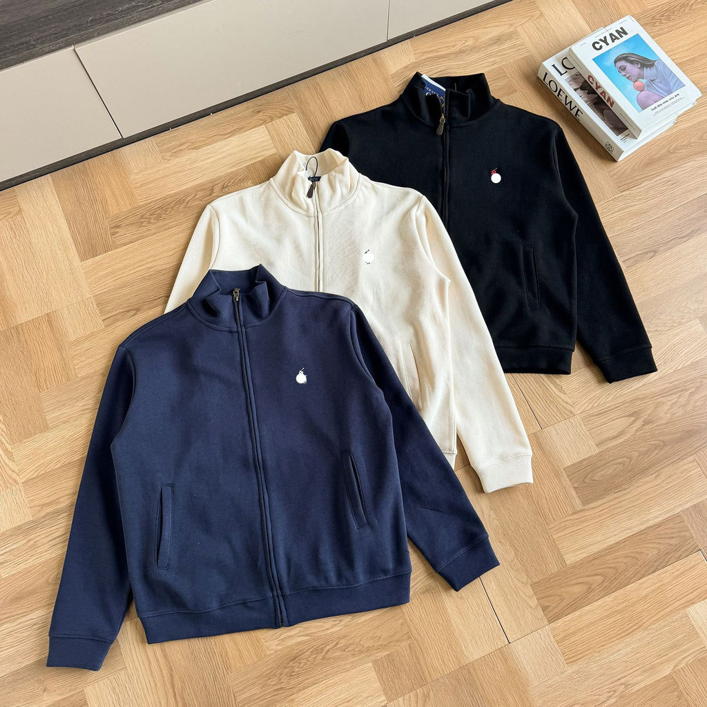 79RB RRL Stand-Up Collar Sweatshirt Pony Label Jacket ฤดูใบไม้ผลิฤดูใบไม้ร่วงผู้ชายผู้หญิงสไตล์เดียว