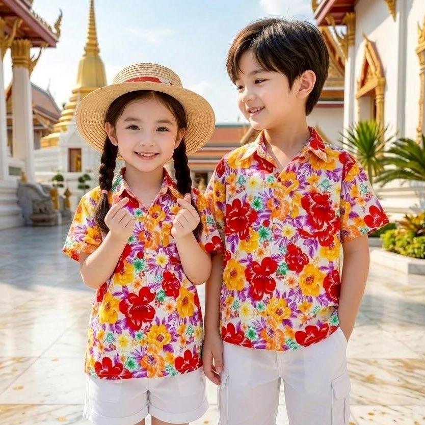 PINKเสื้อสงกรานต์ลายดอกเด็กโต ผ้าคอตตอน100% สีไม่ตก ผ้าไม่หด 10-12ปี น้ำหนัก30-45kg สูง140-160cm รุ่น011