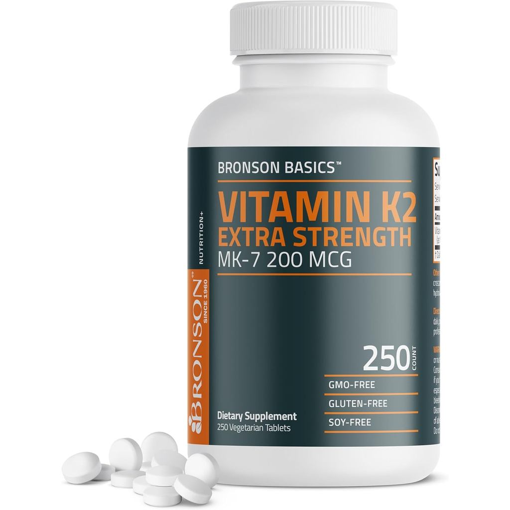 Bronson Vitamin K2 MK-7 200mcg Extra Strength, 250 Vegetarian Tablets