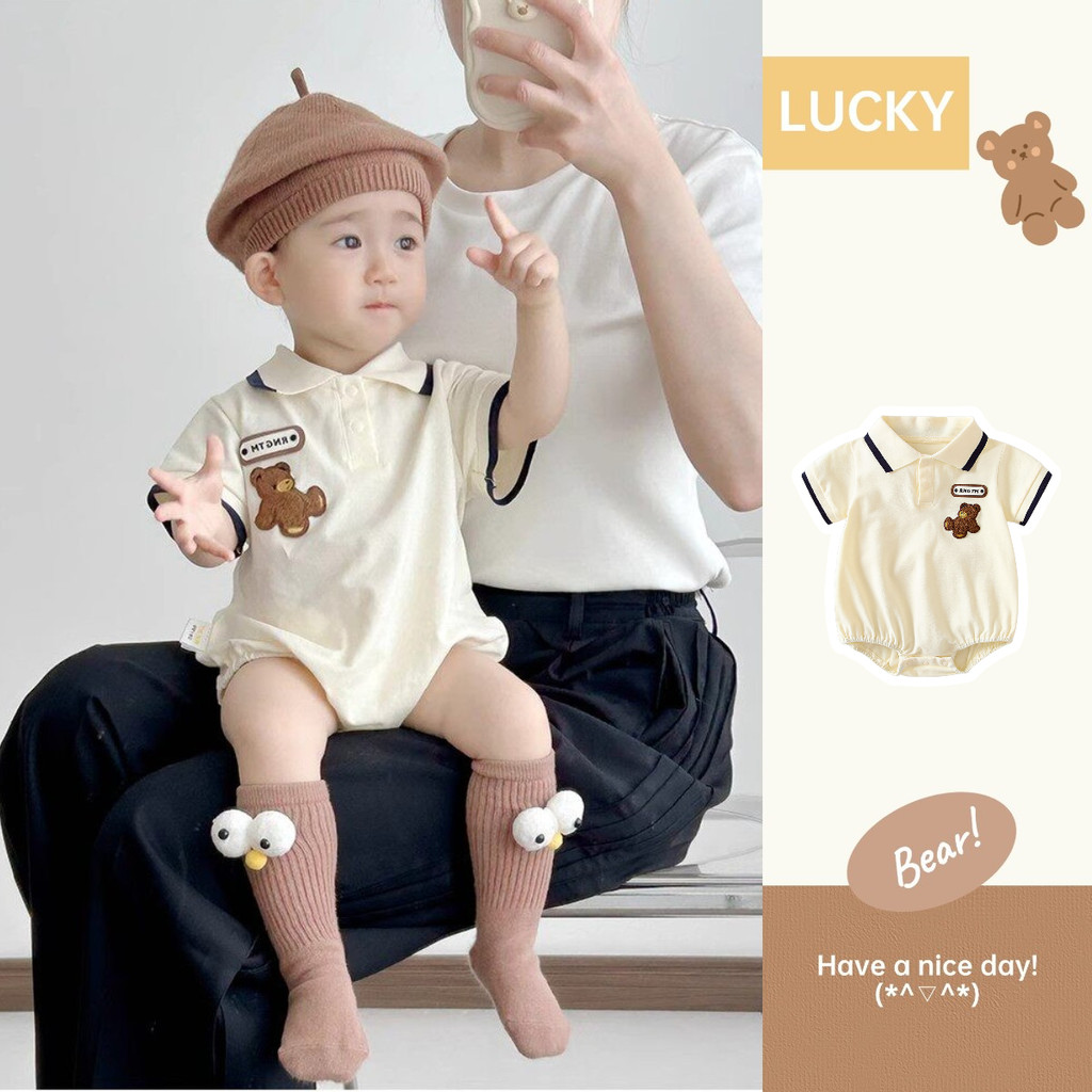 ทารกเสื้อผ้าฤดูร้อนแขนสั้นแบบโปโล ดีไซน์การ์ตูนหมี สไตล์น่ารักสำหรับทารกชายและหญิง