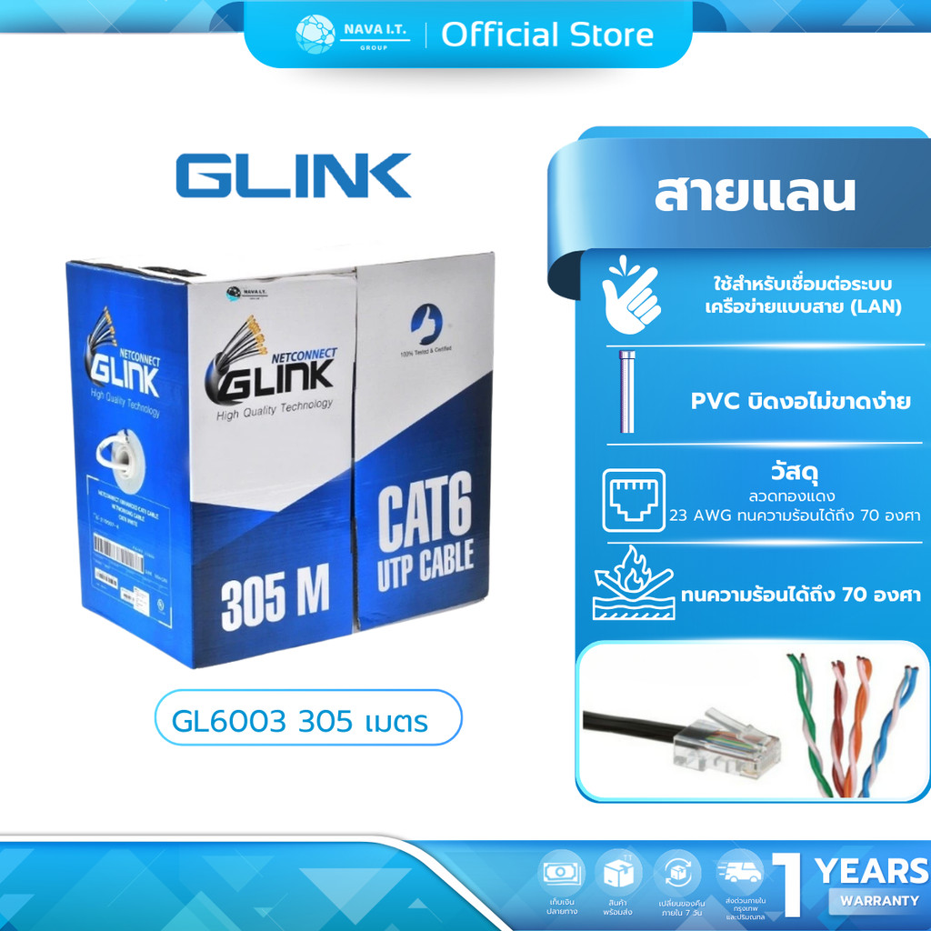 (มีส่งด่วน) GLINK GL6003 สายแลนภายใน INDOOR CAT6 UTP CABLE ความยาว 305 เมตร