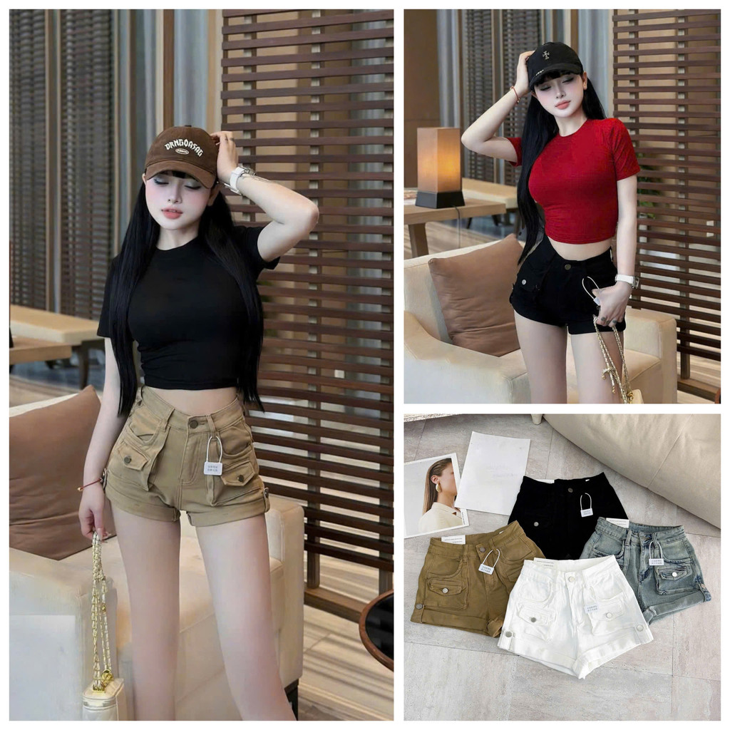 Meo Meo Shop QCL1 QS0617 5855 HME กางเกงยีนส์ขาสั้นพับชายเสื้อและกระเป๋ากล่อง