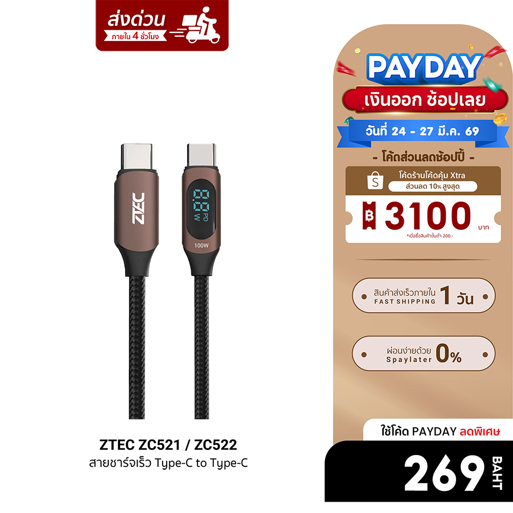 [ลดเหลือ 269] ZTEC ZC521 / ZC522 สายชาร์จ 5A 100W สายวัดกำลังไฟ USB-C to USB-C วัสดุสายถัก -24M