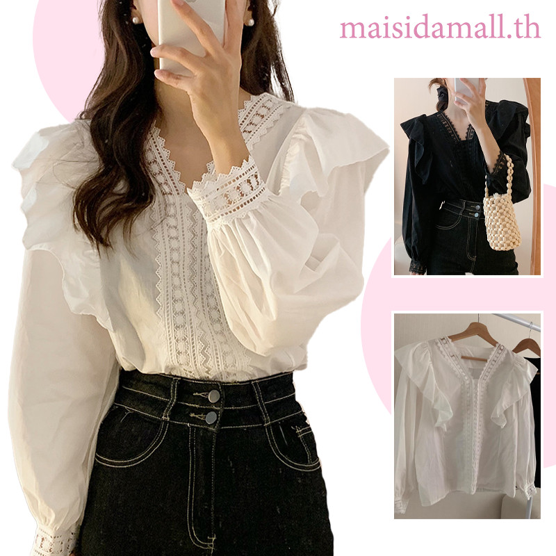 【พร้อมส่ง】MSD เวอร์ชั่นเกาหลี แฟชั่น ท่านหญิง ลูกไม้อารมณ์ คอวี หลวม สันทนาการ เสื้อแขนพัฟ