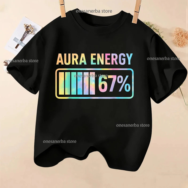 Aura Energy At 67 เสื้อยืดเด็กแขนสั้นลายมีมตลก 67 สำหรับคนยุค Y2k สไตล์ Alpha Slang ผ้าฝ้าย สำหรับเด