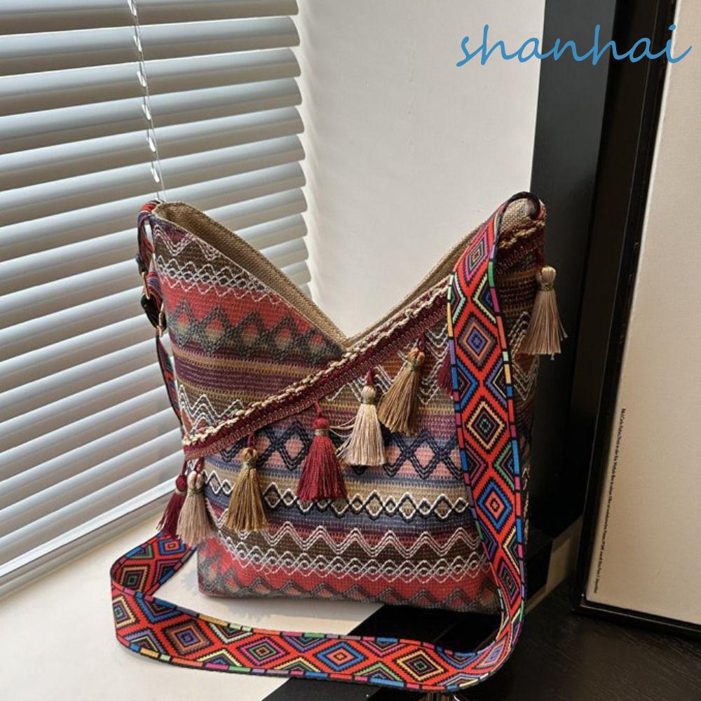 กระเป๋า tote โบฮีเมียน SHANHAI มีพู่ใหญ่ สะพายข้างได้ สไตล์วินเทจพร้อมเฟอร์นิเจอร์