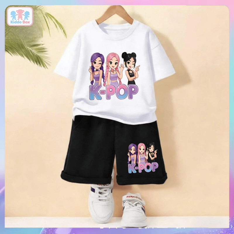 ชุดเสื้อ+กางเกงขาสั้นเด็กสาว ลายสาวไอดอลเคป๊อป สไตล์ฮิปฮอป คุณภาพดี ใส่สบาย