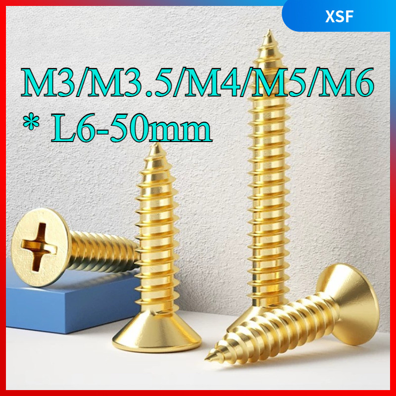 H68 ทองเหลือง Cross Countersunk หัวสกรูแตะตัวเองทองแดงบริสุทธิ์สกรูไม้ทองแดงทั้งหมดหัวแบนสกรูแตะตัวเอง M3/M3.5/M4/M5/M6 * L6-50 มม.XSF-SS-S