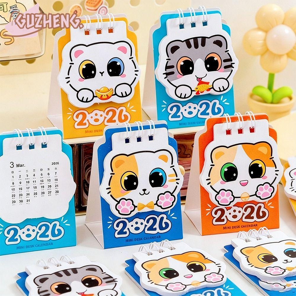 GUZHENG ปฏิทินม้วน, การ์ตูนแมว Mini 2026 ปฏิทินตั้งโต๊ะ, เครื่องหมายกําหนดตําแหน่งแบบพกพาวางแผนรายวั