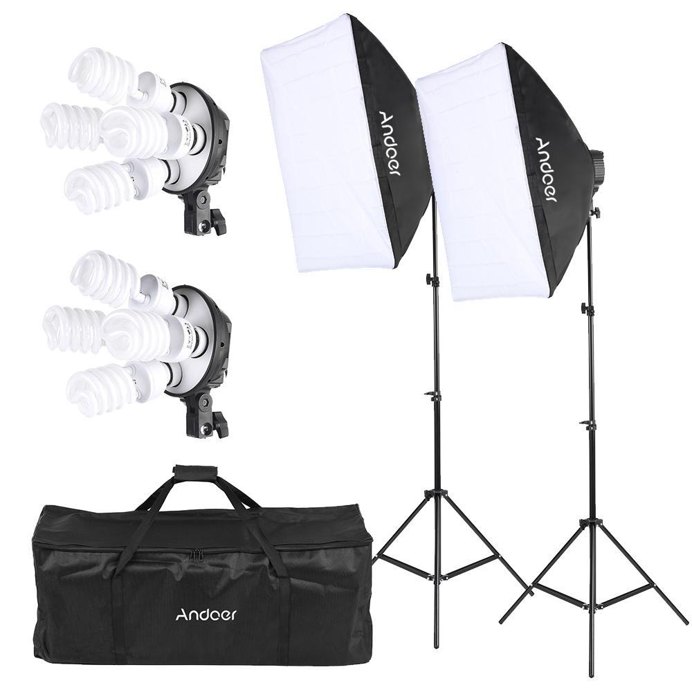 Andoer สตูดิโอถ่ายภาพชุดโคมไฟพร้อม 2 x Softbox/4in1 ซ็อกเก็ตหลอดไฟ 8 ขาตั้งไฟ 45W 1 กระเป๋าถือ UK ปล