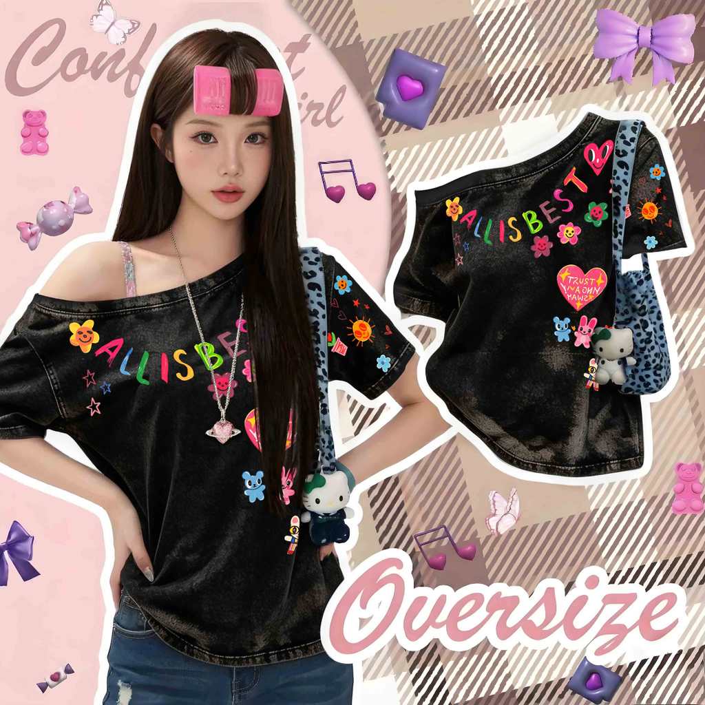 T42.SHOP🌸 เสื้อยืดฟอก  เสื้อยืด เปิดไหล่  แฟชั่น สาวฮอต เสื้อเกาหลี  ดีไซน์พิเศษ โคตรนุ่ม ไม่ต้องรีด "Heart Flower"