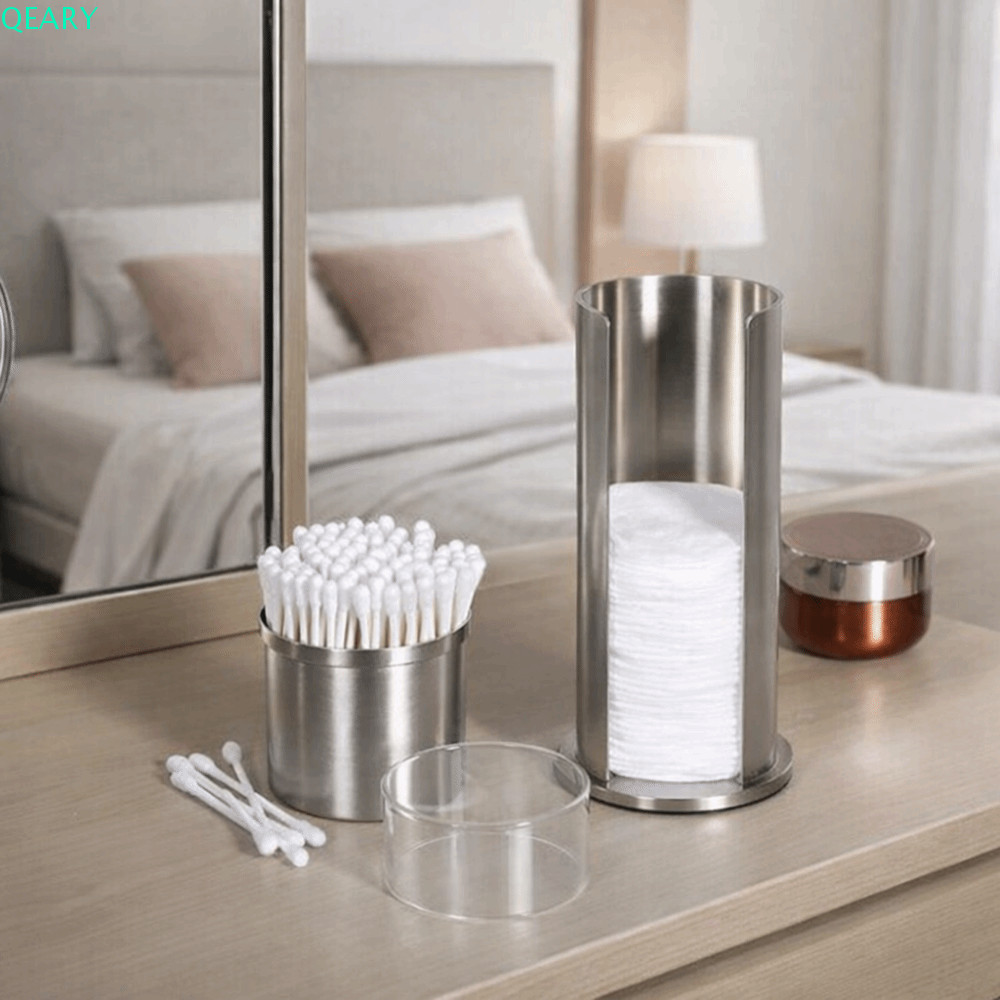 กล่องเก็บสําลี QEARY, กล่องเก็บสําลีทรงกลมสแตนเลส, ที่วางสําลีแบบถอดได้กันฝุ่นสองชั้นสร้างสรรค์ Q-ti