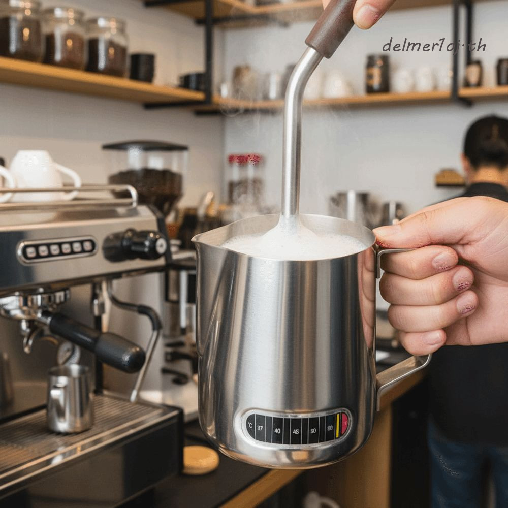 DELMER1OJ เหยือกตีฟองนมกาแฟ, การตรวจจับอุณหภูมิ 304 สแตนเลส Latte Art Cup, ขั้นสูงที่ถูกต้องขนาด 350