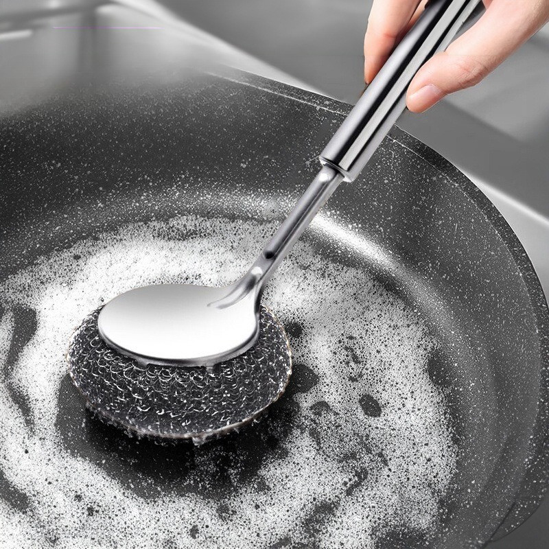 Stainless steel pot brush, special pot washing for kitchen, steel wire ball brush, long handle dishw