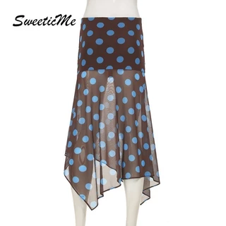 SweeticMe แฟชั่นผู้หญิงใหม่ Contrast สี Polka Dots ไม่สม่ําเสมอตาข่ายดูผ่านกระโปรงยาว