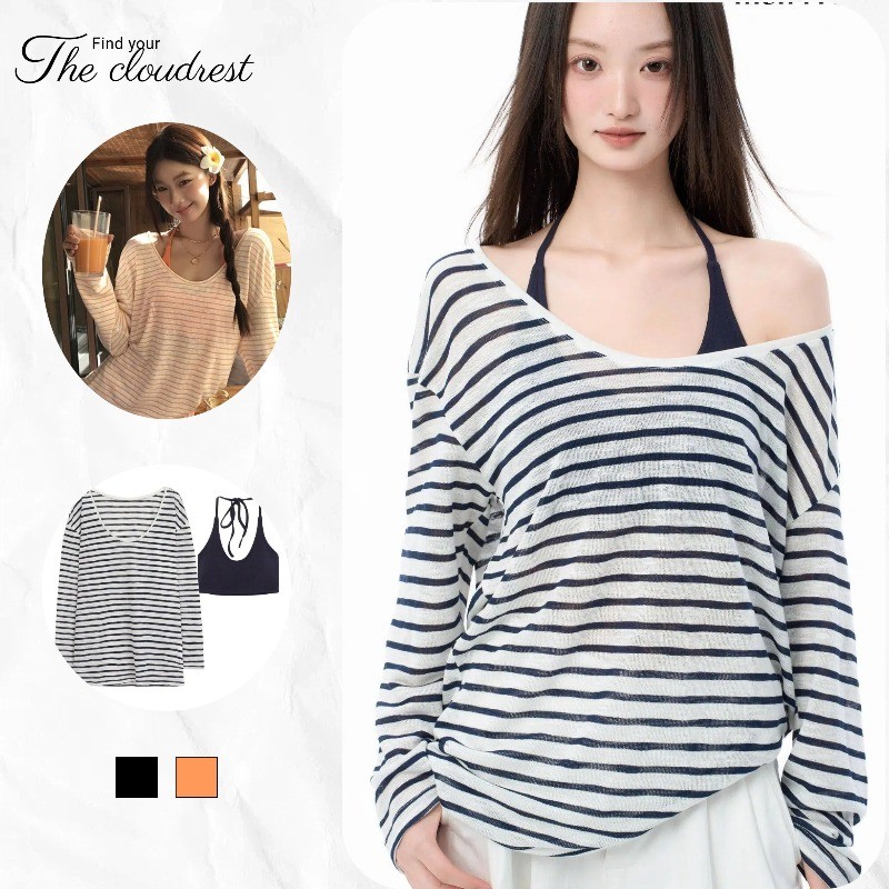 เสื้อยืดแขนยาวคอวีลายทางสำหรับผู้หญิง ทรงหลวม ป้องกันแสงแดด เสื้อแฟชั่นฤดูร้อนใหม่ล่าสุด