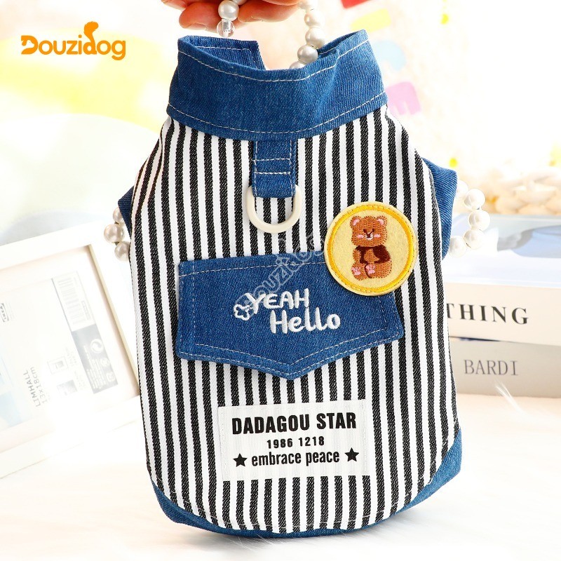 Douzidog เสื้อผ้าสุนัขฤดูร้อนบางลาย Denim Traction แจ็คเก็ตขนาดเล็กขนาดกลางสุนัขแมวทุ่มเท