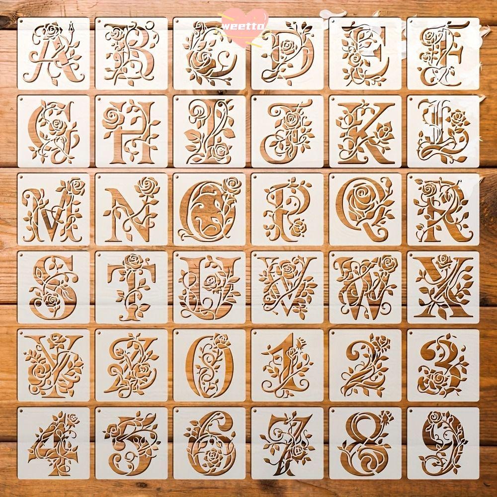 WETTO 36 ชิ้นดอกไม้ตัวอักษรลายฉลุ, DIY Craft Supplies ภาพวาดแม่แบบ, Rose Letter Reusable Hollow Graffiti แม่แบบสเปรย์แม่พิมพ์ Wall Decals