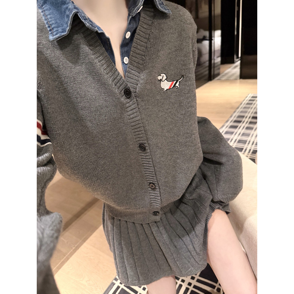 IOVW thombrowne Classic College Style Embroidered Puppy Patchwork Denim Collar Knitted Jacket+Short 