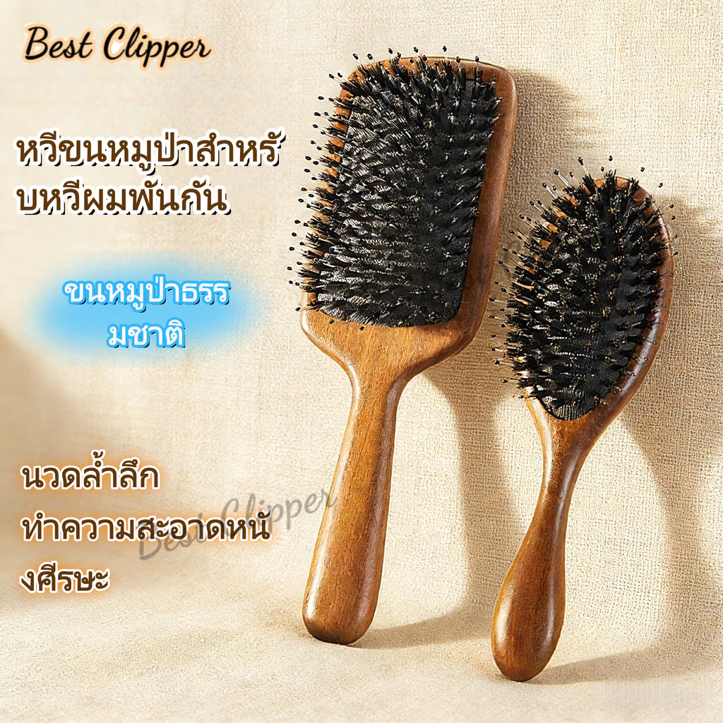 แปรงหวีผมขนหมูป่าธรรมชาติ ด้ามจับไม้จันทน์ทอง ช่วยปกป้องเส้นผมและลดไฟฟ้าสถิต