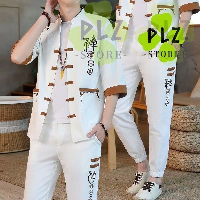 男 Dang 2026 CNY ฤดูร้อนชุดสไตล์เสื้อสเวตเตอร์ถักผู้ชายเสื้อยืดแขนสั้น Stand-Up Collar Tang Suit Tang