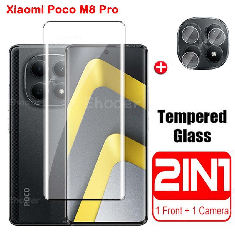 2in1 กระจกนิรภัยสําหรับ Xiaomi Poco M8 Pro 4G 5G 2025 ขอบโค้งป้องกันหน้าจอสําหรับ Mi PocoM8 PocoM8Pro M8Pro ฟิล์มป้องกันพร้อมเลนส์กล้อง