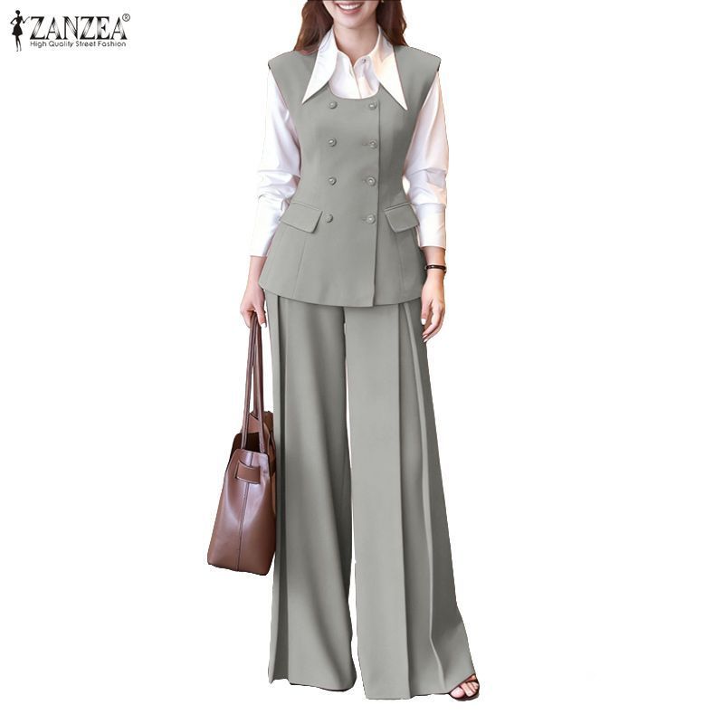 ZANZEA ซานเซีย ชุดสองชิ้นสไตล์เกาหลีสำหรับผู้หญิง ประกอบด้วยเสื้อคอปกแขนยาวและกระโปรงขาบาน มาพร้อมเอวยางยืด